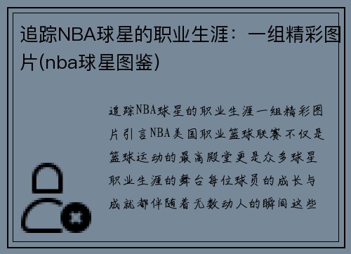 追踪NBA球星的职业生涯：一组精彩图片(nba球星图鉴)