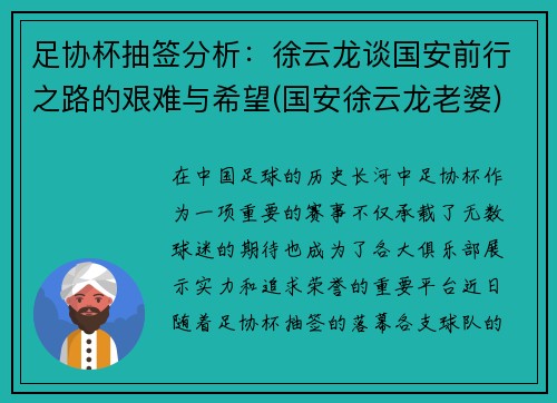 足协杯抽签分析：徐云龙谈国安前行之路的艰难与希望(国安徐云龙老婆)