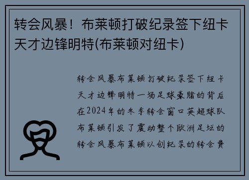 转会风暴！布莱顿打破纪录签下纽卡天才边锋明特(布莱顿对纽卡)